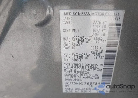 2016 Nissan Rogue S/Sl/Sv z USA, uszkodzony, nr VIN 5N1AT2MN6GC766784